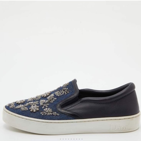 Dior Blue/Black Denim and Leather Happy Crystals Slip On Sneakers 36 1/2 - Picture 10 of 12